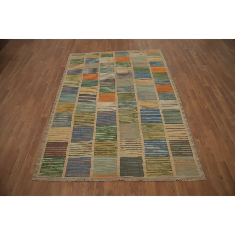 Hand Woven Oriental 100% Wool Carpet Southwestern Modern Multi-Colored Kilim Area Rug - 6' 10'' X 5' 0''