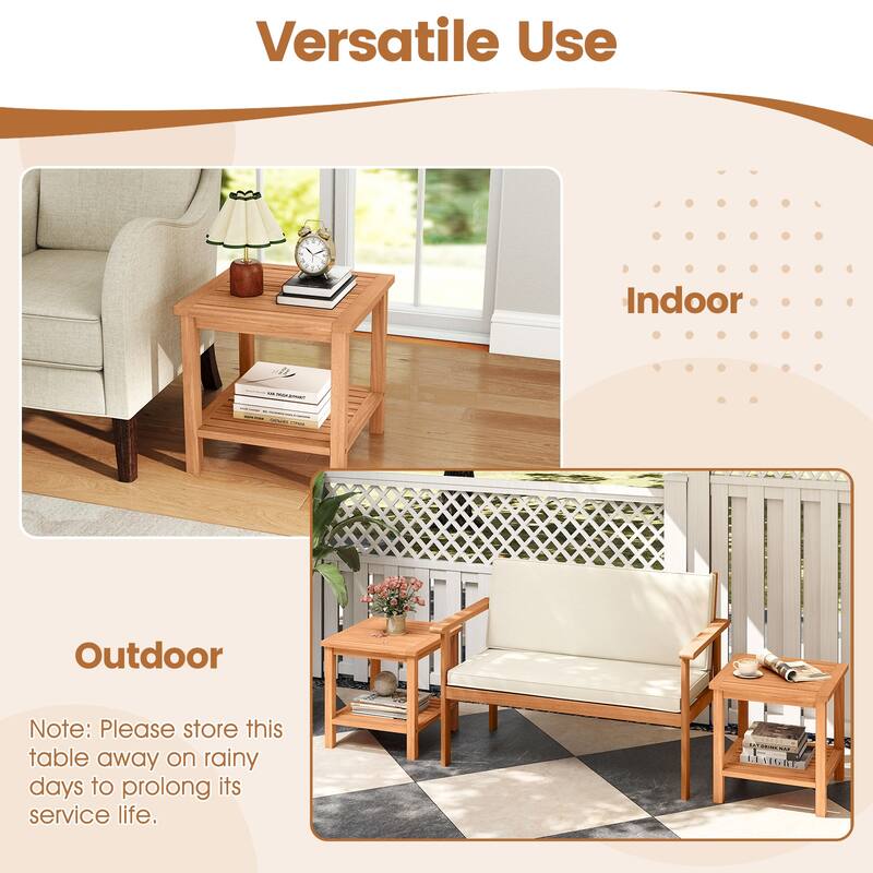 Gymax 2-Tier Patio Acacia Wood Side Table w/Slatted Tabletop Storage