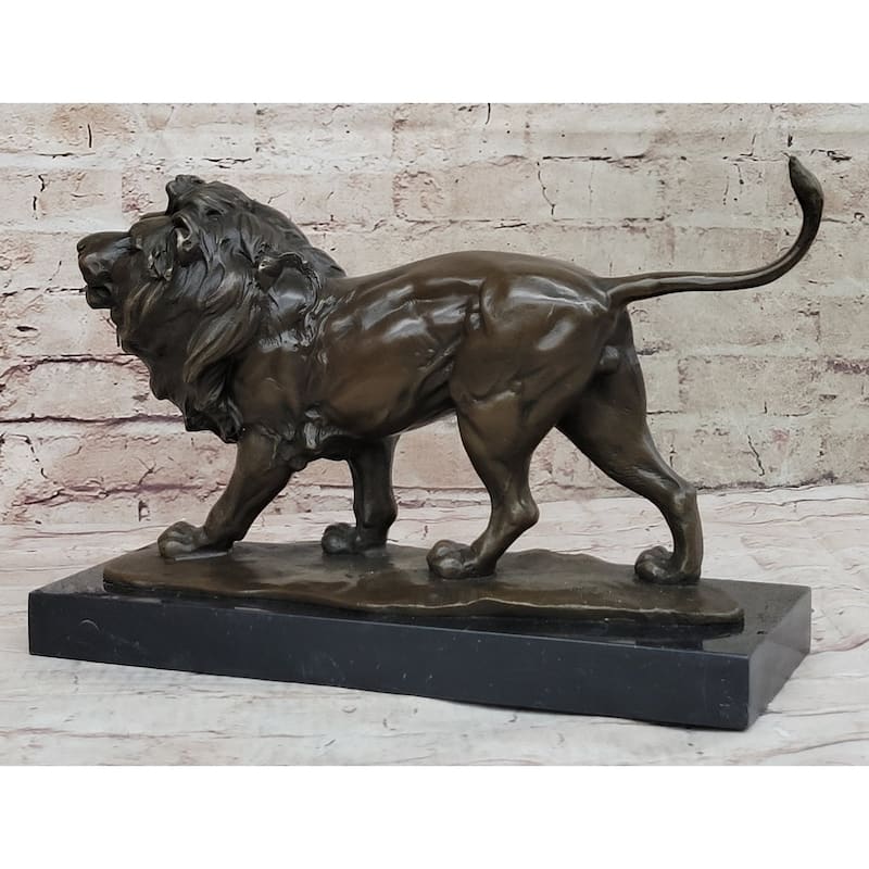 Walking Imitative Lion Bronze Sculpture Statue Figure On Marble Base Signed Milo