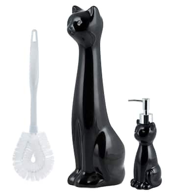 Cat Bowl Brush Holder/Lotion Pump Set Black - 2 Piece Set