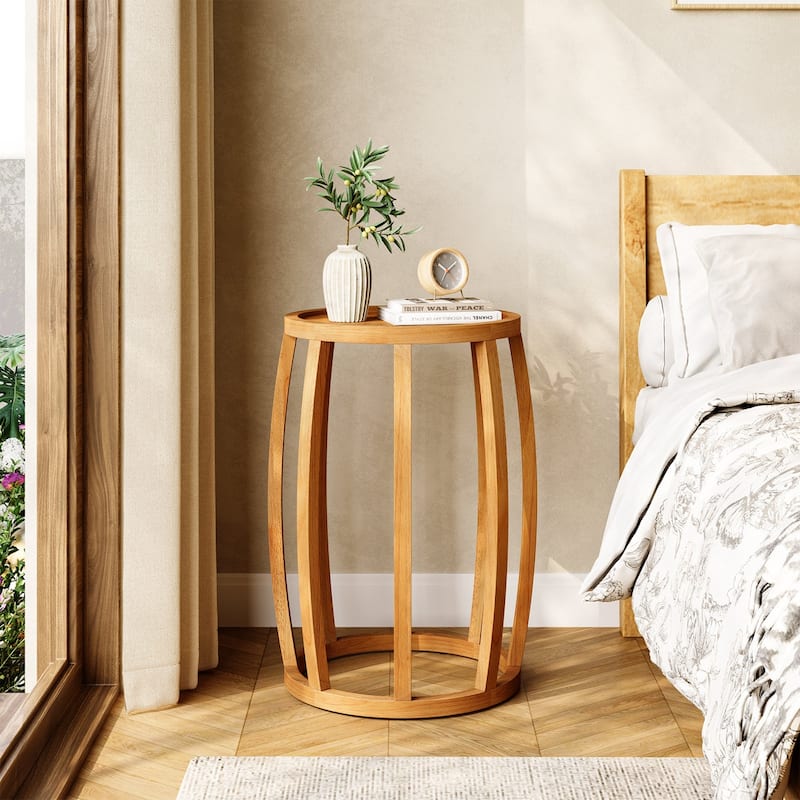 Solid Wood Round Side Table, Natural End Side Table for Living Room - Antique Oak