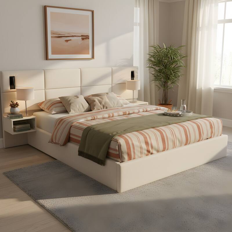 Christopher Knight Home - Mid-Century Modern Chenille Upholstered Smart Bed with Reading Lights & Built-In Shelves - White - King