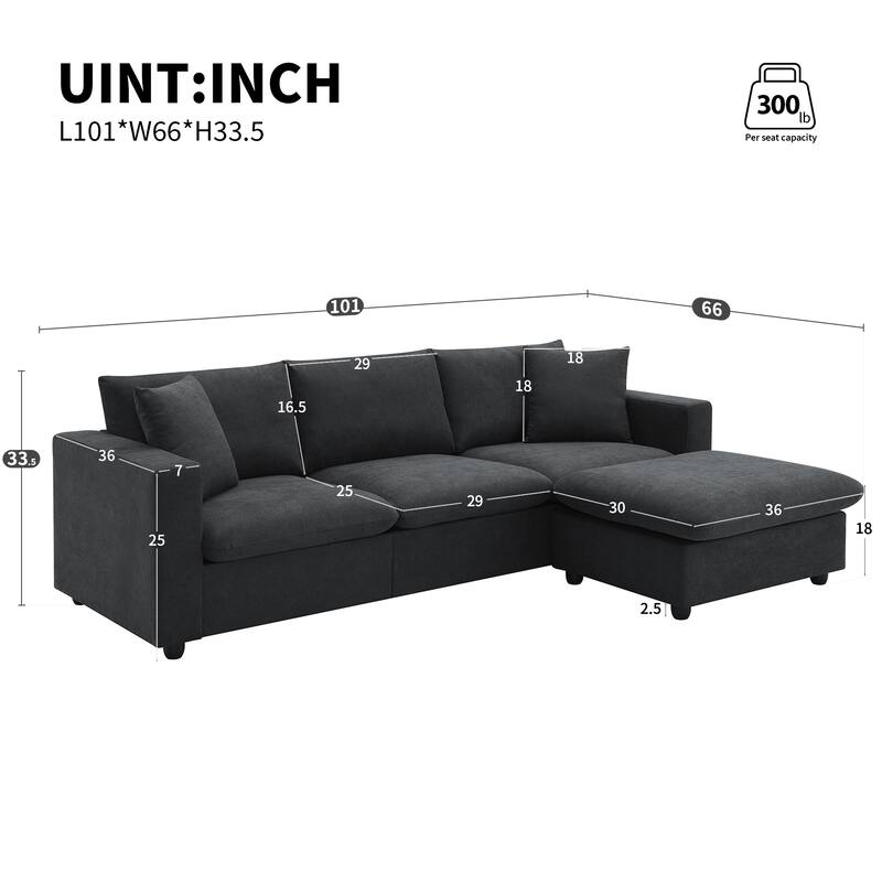 100.4'' Modern L-Shaped 4 Seater Sectional Sofa with Convertible Ottoman, 2 Pillows, Perfect for Living Room or Office