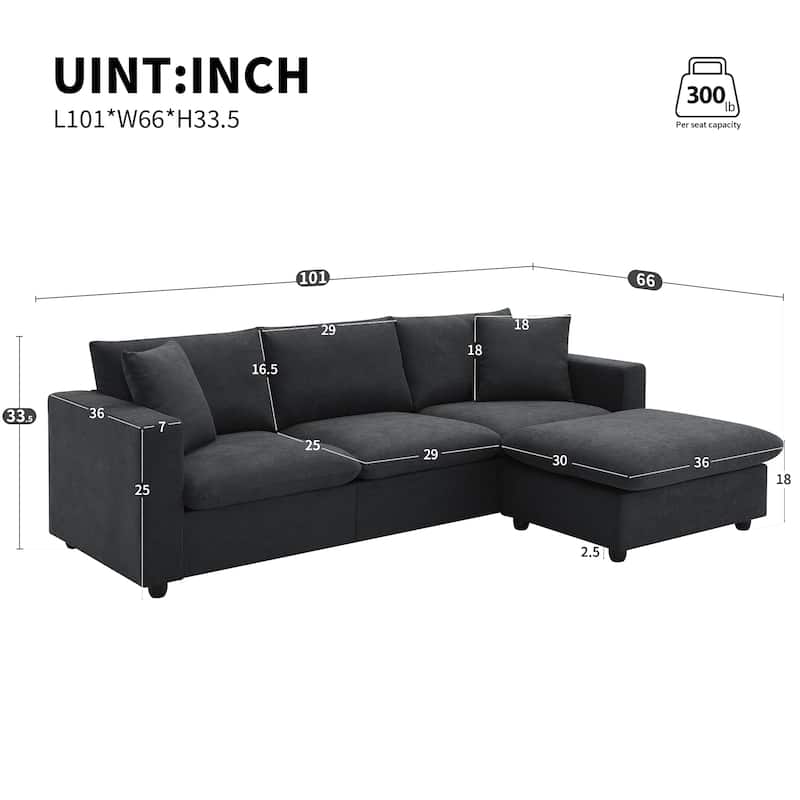 Black 100.4'' Polyester L-Shaped 4-Seat Sectional Sofa Couch with Convertible Ottoman and 2 Decorative Pillows