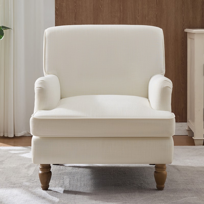 Vintage Upholstered Linen Fabric Armchair with Antique Solid Wood Legs, Accent Chair Single Sofa Chair for Living Room