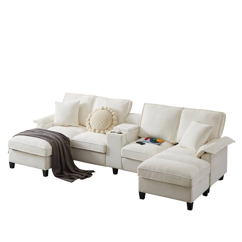 Sectional Sofa Bed Sleeper Sofa with Storage, U-Shaped 4-Seater Chaise Lounge Sofa with Cup Holders & USB Charge