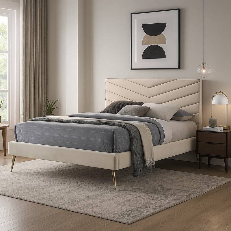 Vevy Queen Size Bed, Chevron Tufted Beige Flannelette Upholstery