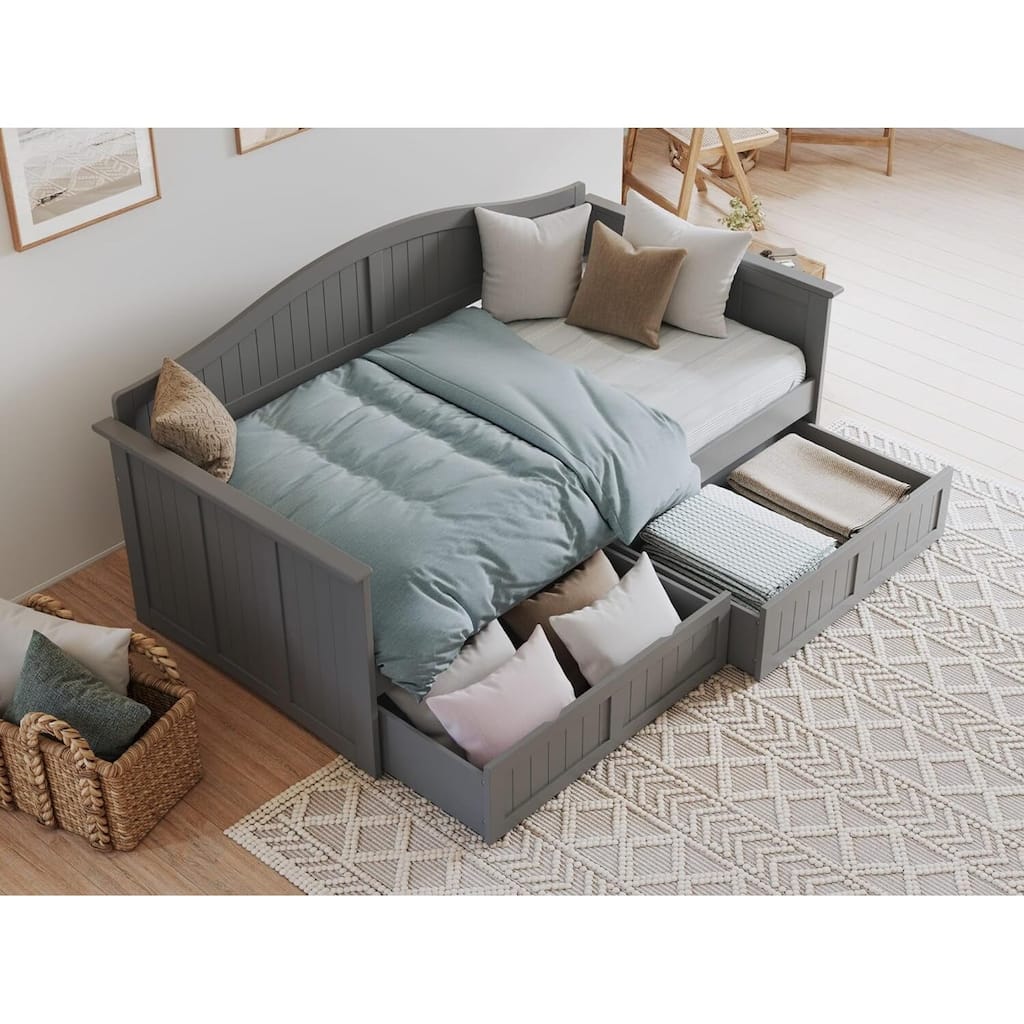 Twin Daybed with Drawers - Grey Wood Day Bed Frame - Space Saving Furniture for Bedroom