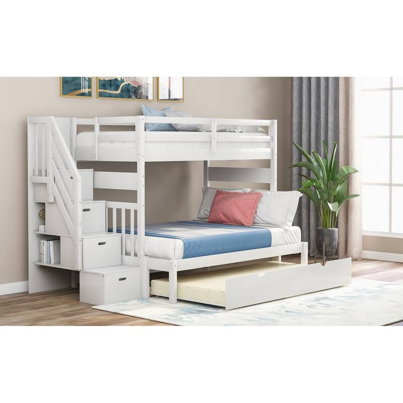 White Twin Over Full Bunk Bed with Twin Trundle and Storage Drawers
