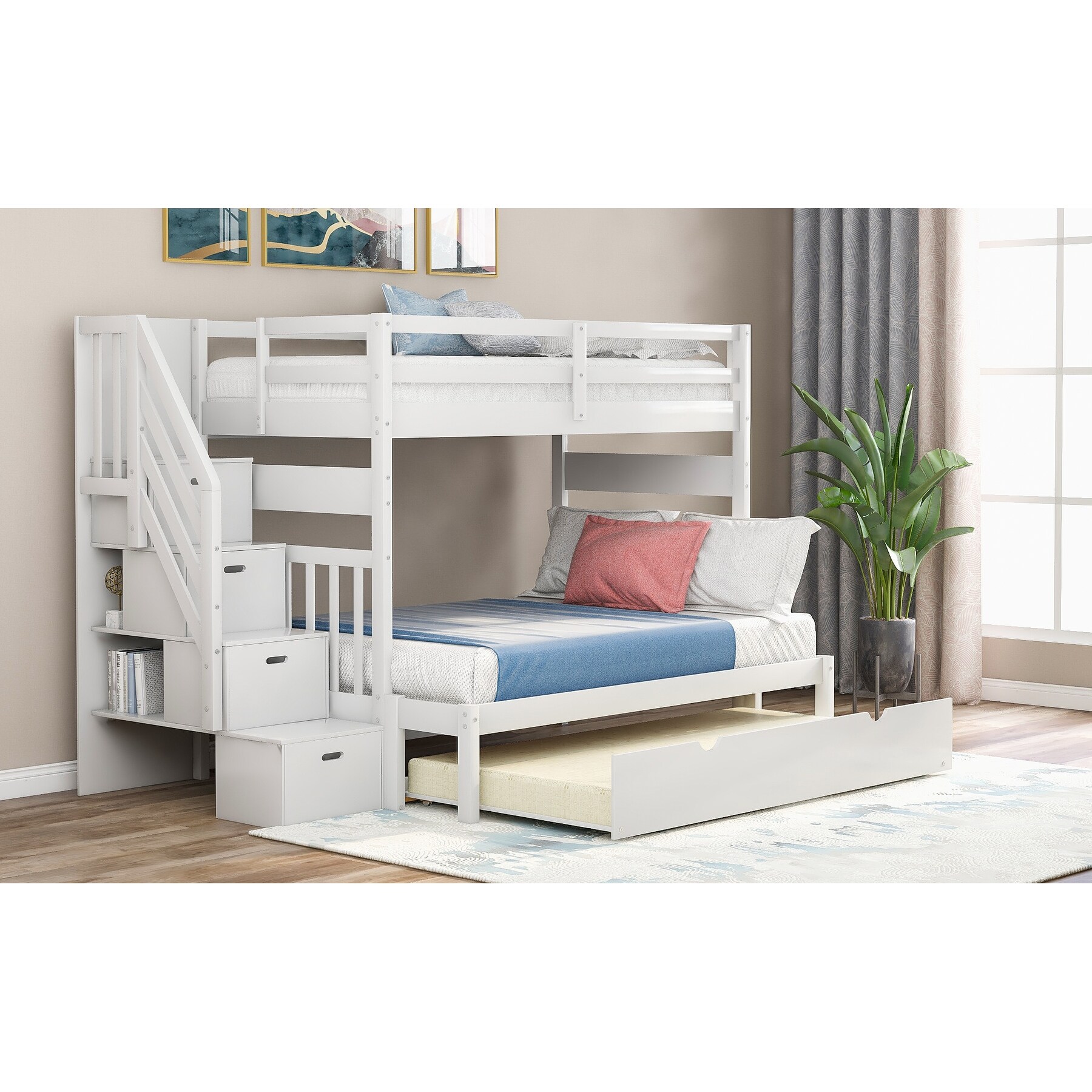 White twin over full bunk bed with trundle online