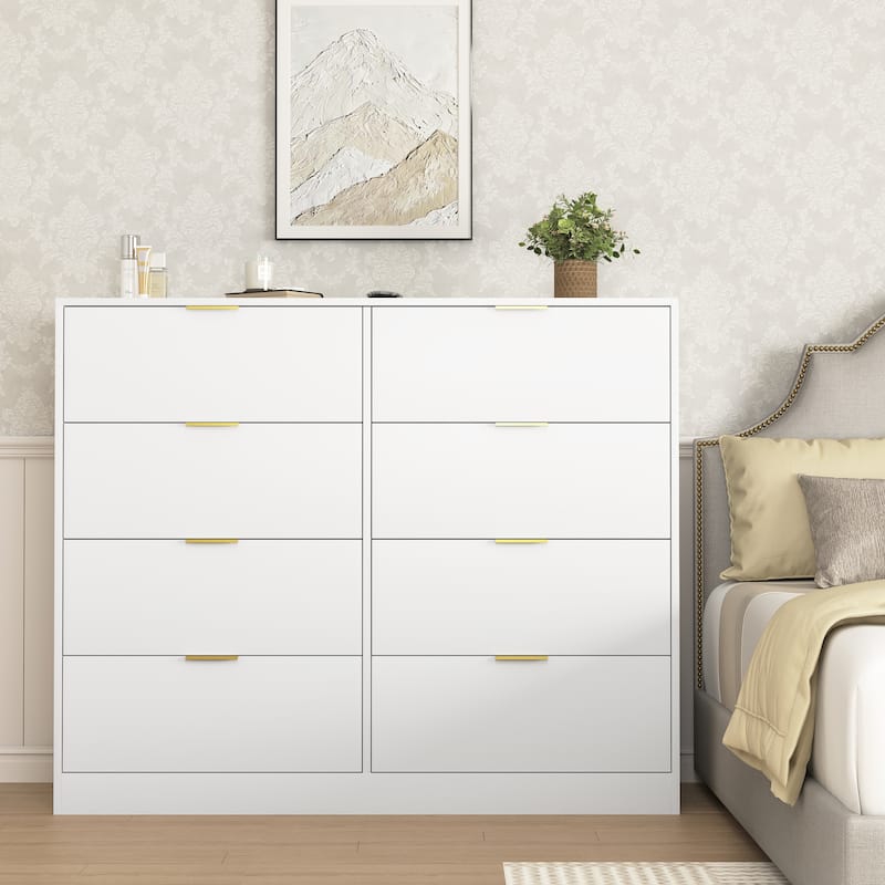 Double Dresser Dressing Table for Bedroom, 8 Drawers Cabinet Tall Chest of Drawer Closet Storage Organizer - White