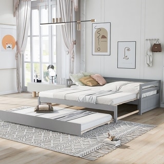 Multifunctional Extending Daybed with Trundle, Twin to King Wood Sofa Bed with Headboard for Small Spaces, No Box Spring Needed