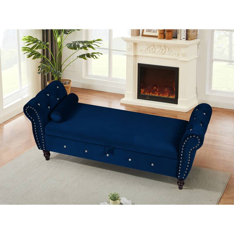 63.38"Multifunctional Storage Rectangular Ottoman Bench Comes with Crystal Buckle Solid Wood Legs with 1 Pillow - Blue