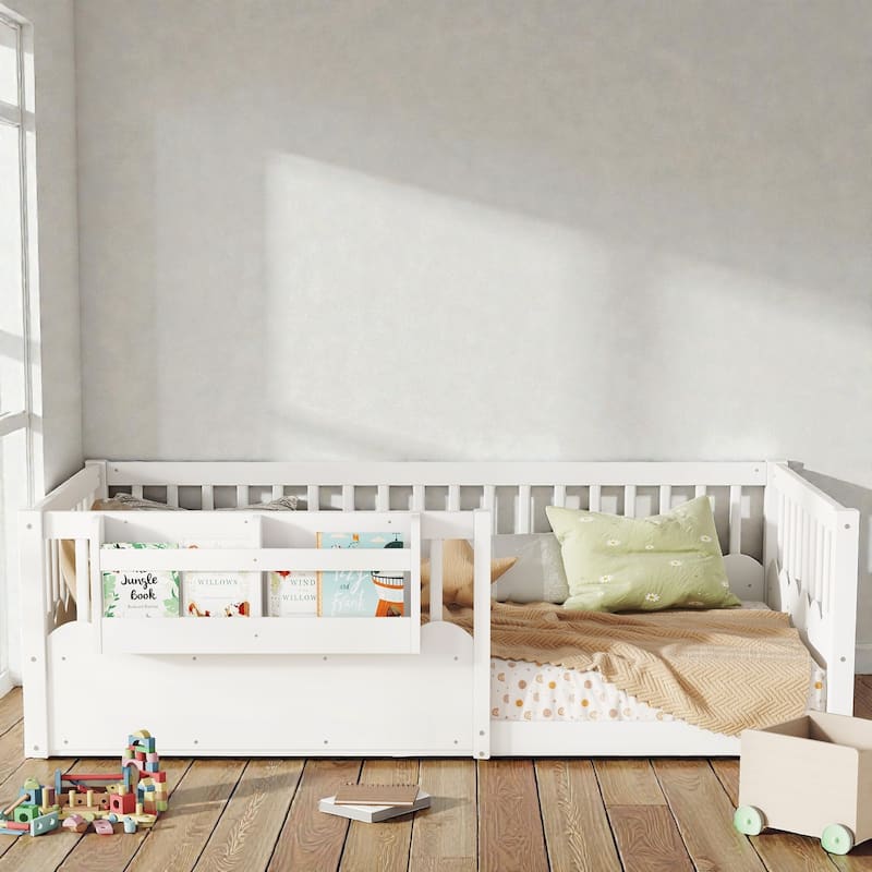 Twin Floor Bed with Heightened Fence and Bookshelf, Wooden Montessori Floor Bed for Kids, Low Profile Design - White - Twin
