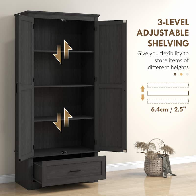 69" Tall Kitchen Pantry Storage Cabinet, Farmhouse Freestanding Pantry Cabinet with 2 Doors, Drawer and Adjustable Shelves