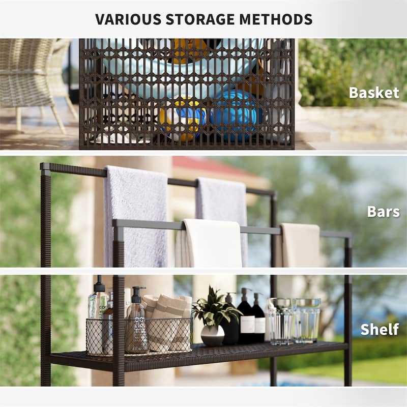 Wicker Pool Storage Basket with Wheels Shelf and Steel Frame for Outdoor Pool Supplies Organization