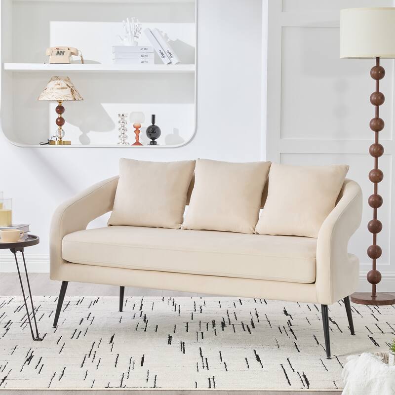 Roomfitters Velvet Loveseat, Modern Open Back 2-Seater Sofa with 3 Pillows and Metal Legs for Small Living Room or Bedroom - Beige