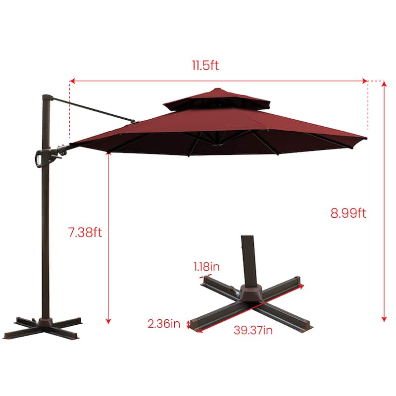 11 ft Outdoor Aluminum Dual Top Solar Powered LED Lighted Patio Cantilever Umbrella and Weighted Base