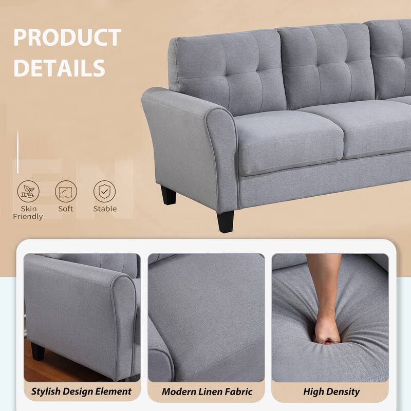 Linen 3-Seater Sofa with Tapered Legs, High-Resilience Foam, Easy Assembly for Living Room