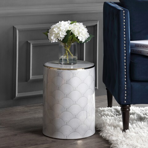 Fish Scale 17" Modern Ceramic Garden Stool, White/Gold by JONATHAN Y