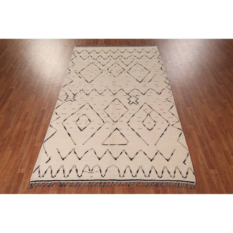 All-Over Ivory Moroccan Area Rug Handmade Wool Carpet - 6'1"x 9'11"