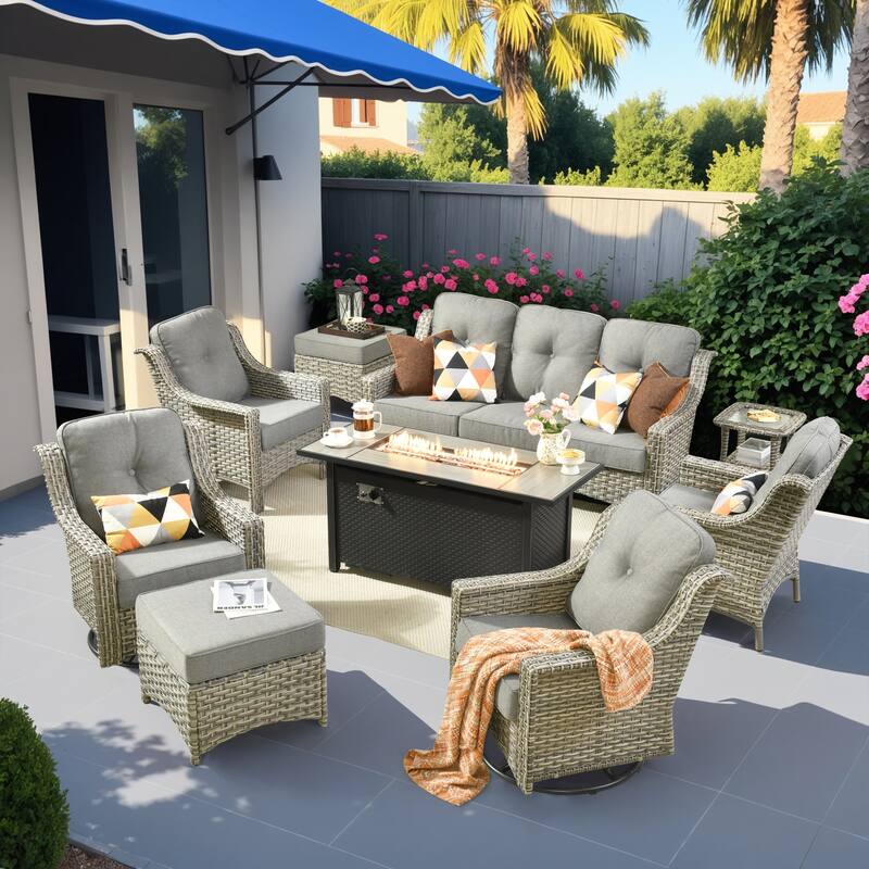 HOOOWOOO 9-piece Rattan Outdoor High Backrest Swivel Chair Set with 54"Fire Pit - Dark Grey