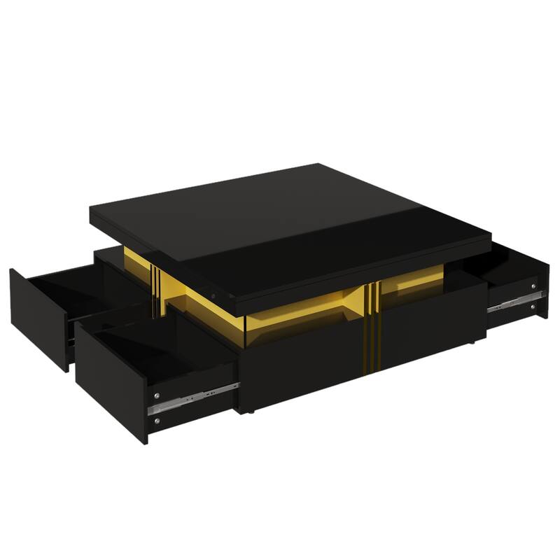43.3" Modern Square Coffee Table with 4 Hidden Drawers, Glossy Living Room Table with Gold Accents, Space-Saving Storage Table