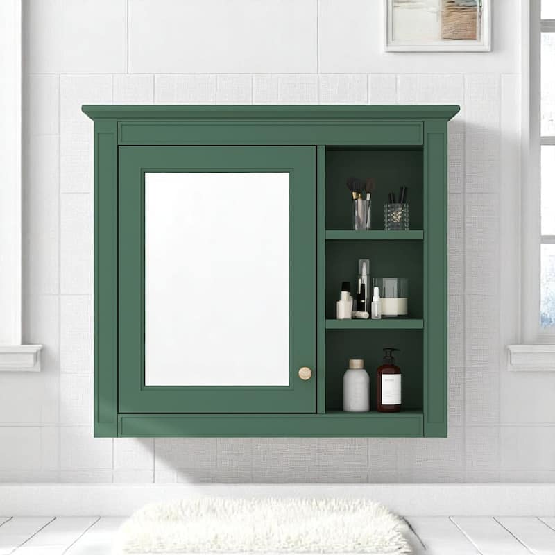 Modern Wall-Mounted Medicine Cabinet with Mirror and Open Shelves, 30" Bathroom Storage Cabinet - Green