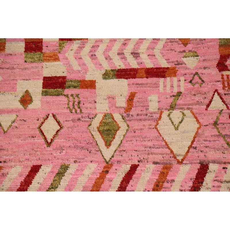 Hand Knotted Oriental 100% Wool Carpet Modern Tribal Pink Moroccan Area Rug - 9' 10'' X 6' 5''