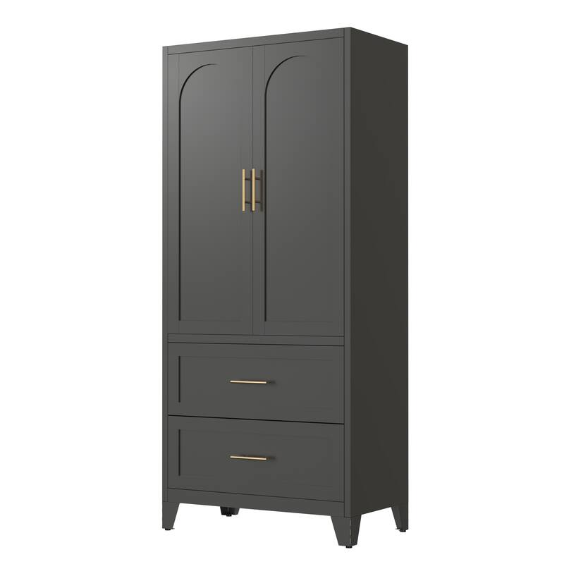 Tall Metal Wardrobe Armoire Cabinet with 2 Drawers and Hanging Rod, Black