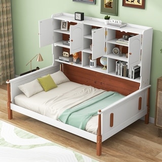 Twin Platform Bed with Storage Shelves, Cabinets, and Walnut Accents, White+Walnut