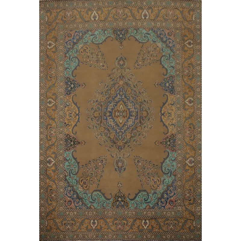 Hand Knotted Oriental 100% Wool Carpet Traditional Floral Brown Tabriz Area Rug - 12' 9'' X 9' 6''