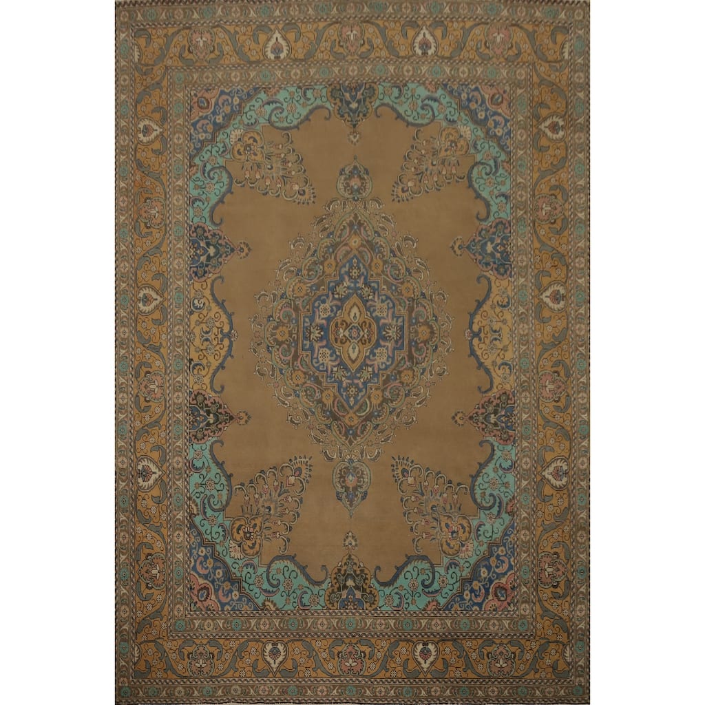 Hand Knotted Oriental 100% Wool Carpet Traditional Floral Brown Tabriz Area Rug - 12' 9'' X 9' 6''