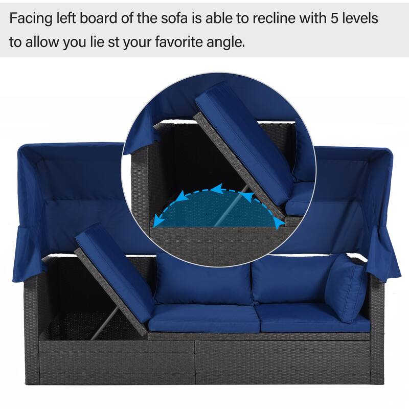 U-Style Outdoor Patio Rectangle Daybed with Retractable Canopy, Wicker Furniture Sectional Seating for Backyard, Porch