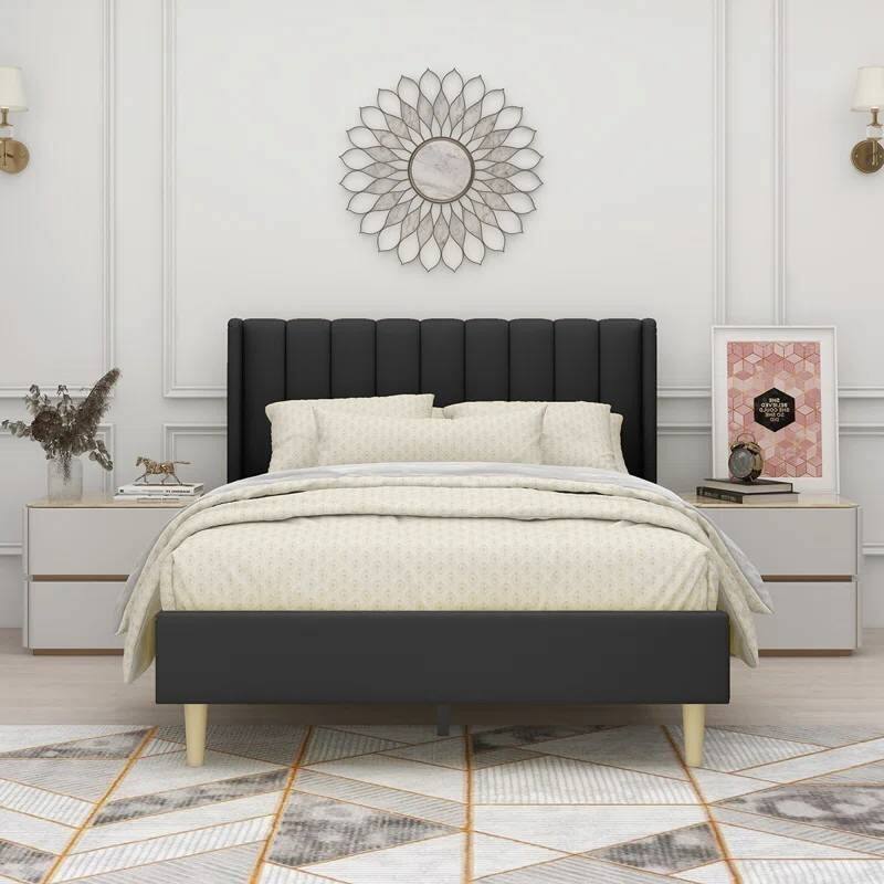 Modern Velvet Upholstered Platform Bed Frame with Padded Headboard and Wooden Slats - Black - Full