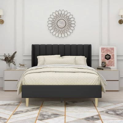 Modern Velvet Upholstered Platform Bed Frame with Padded Headboard and Wooden Slats