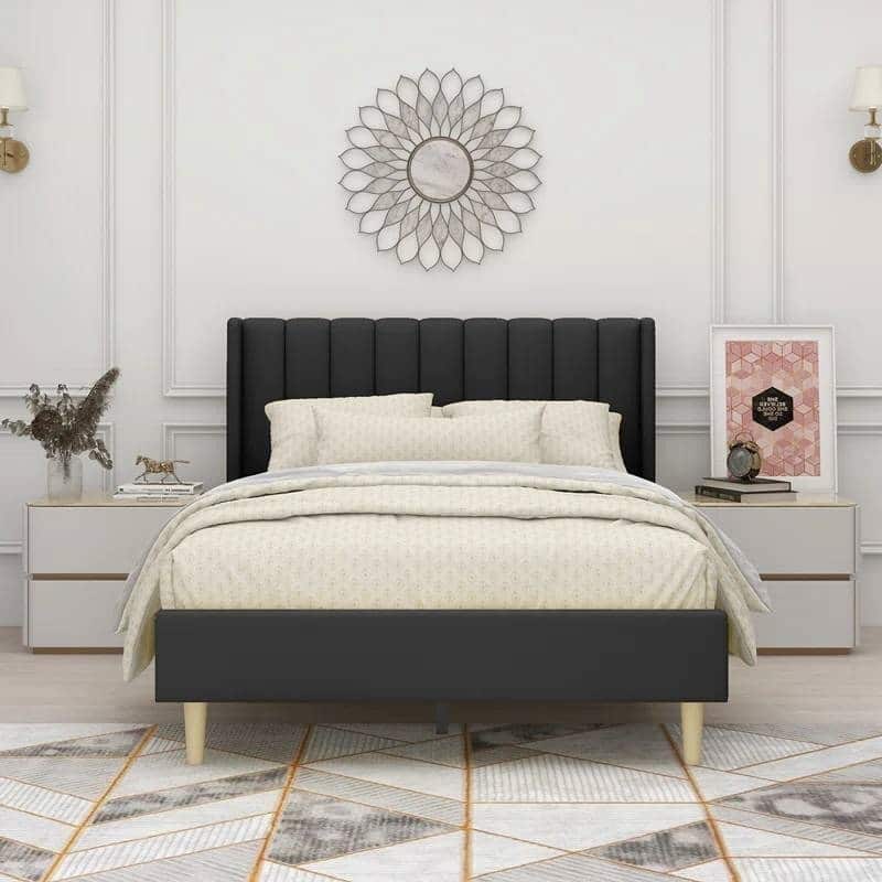 Modern Velvet Upholstered Platform Bed Frame with Padded Headboard and Wooden Slats