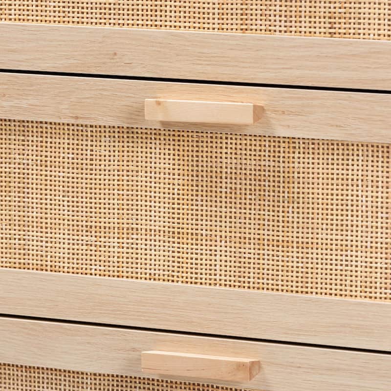 Sebille Mid-Century Modern Light Brown Finished Wood 3-Drawer Storage Cabinet with Natural Rattan