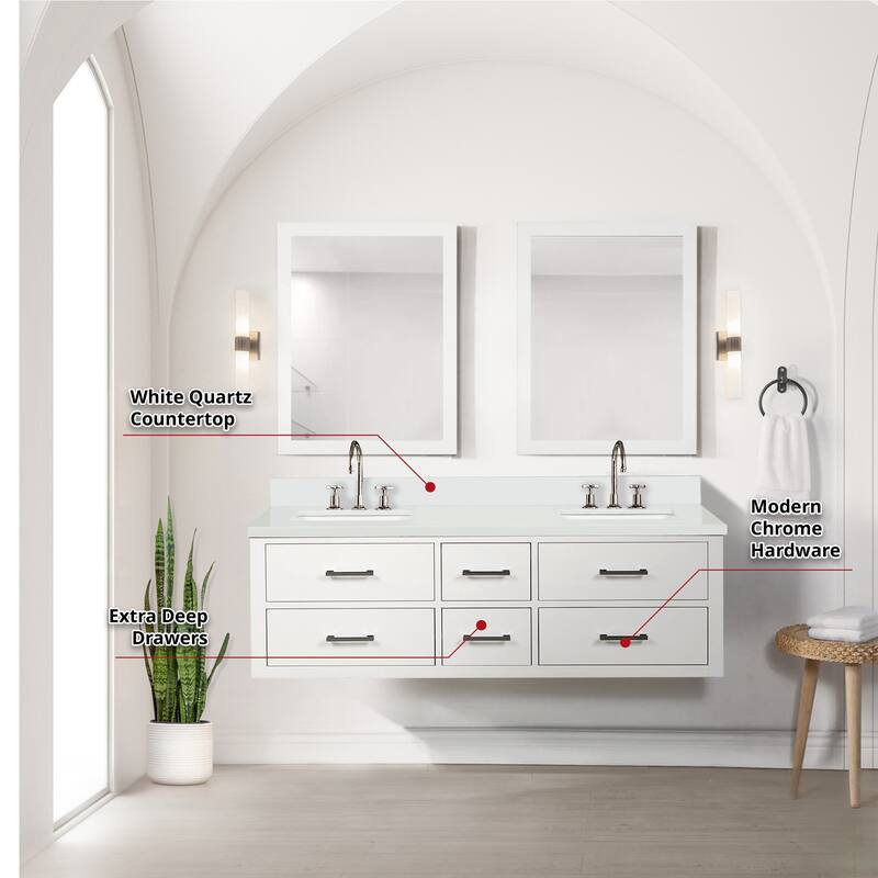 Castor 60 in W x 22 in D Black Double Bath Vanity, White Quartz Top, Faucet Set, and 28 in Mirrors