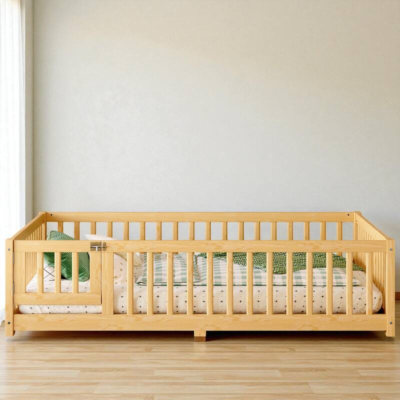 Twin/Full/Queen Size Wood Floor Bed with Door and Guardrails for Kids, Montessori Bed with Removable Slats