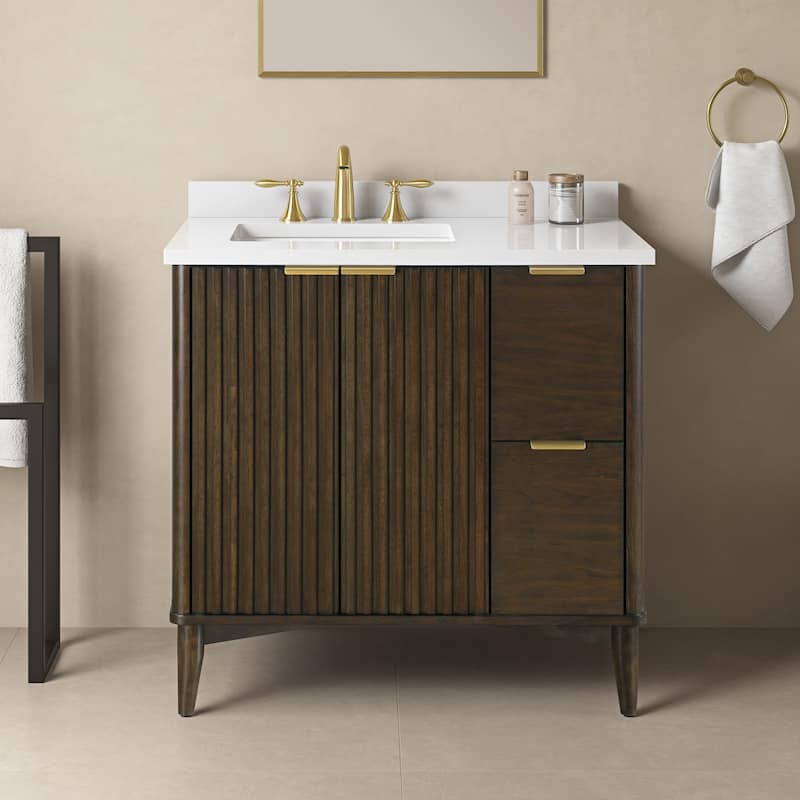 Gabi Bathroom Vanity with White Engineered Stone Top - 36" - Dark Walnut