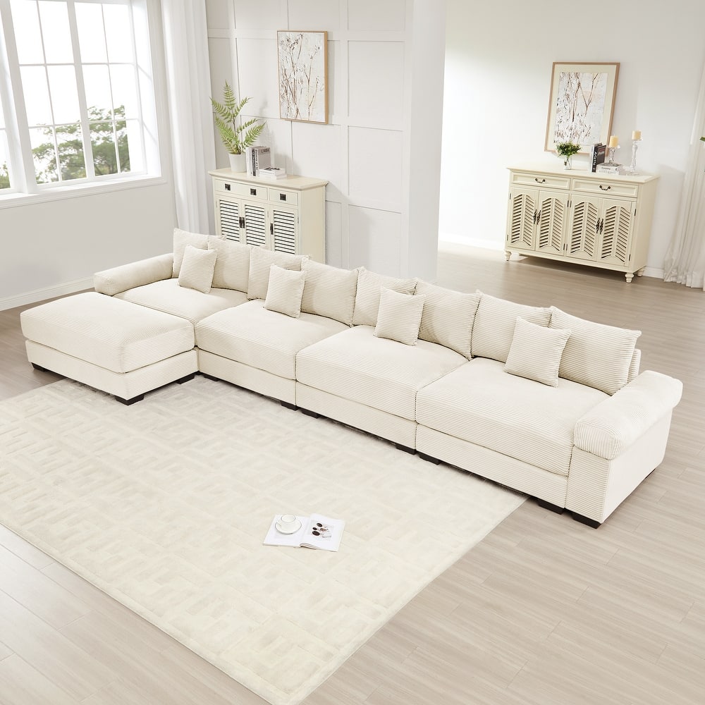 GDFStudio - Corduroy L-Shaped 4-Seater 167.6" Cloud Modular Sectional Couch with Ottoman