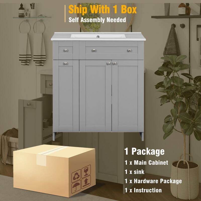 Modern 30-Inch Bathroom Vanity Cabinet with Easy-to-Clean Resin Integrated Sink in Blue