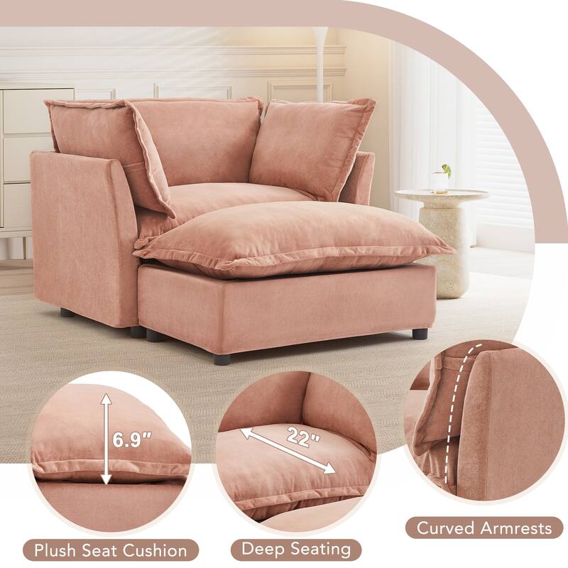 Chenille Modern Armchair Sofa with Movable Ottoman, Wide Seat, Curved Armrests, and Removable Cushions