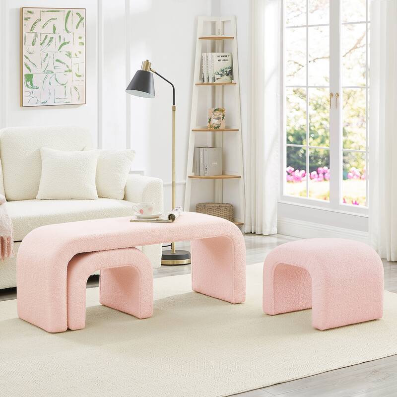 3-Piece End of Bed Bench Set with 2 Small Benches, Teddy Ottoman Bench Sofa Footrest for Entryway, Living Room - Pink