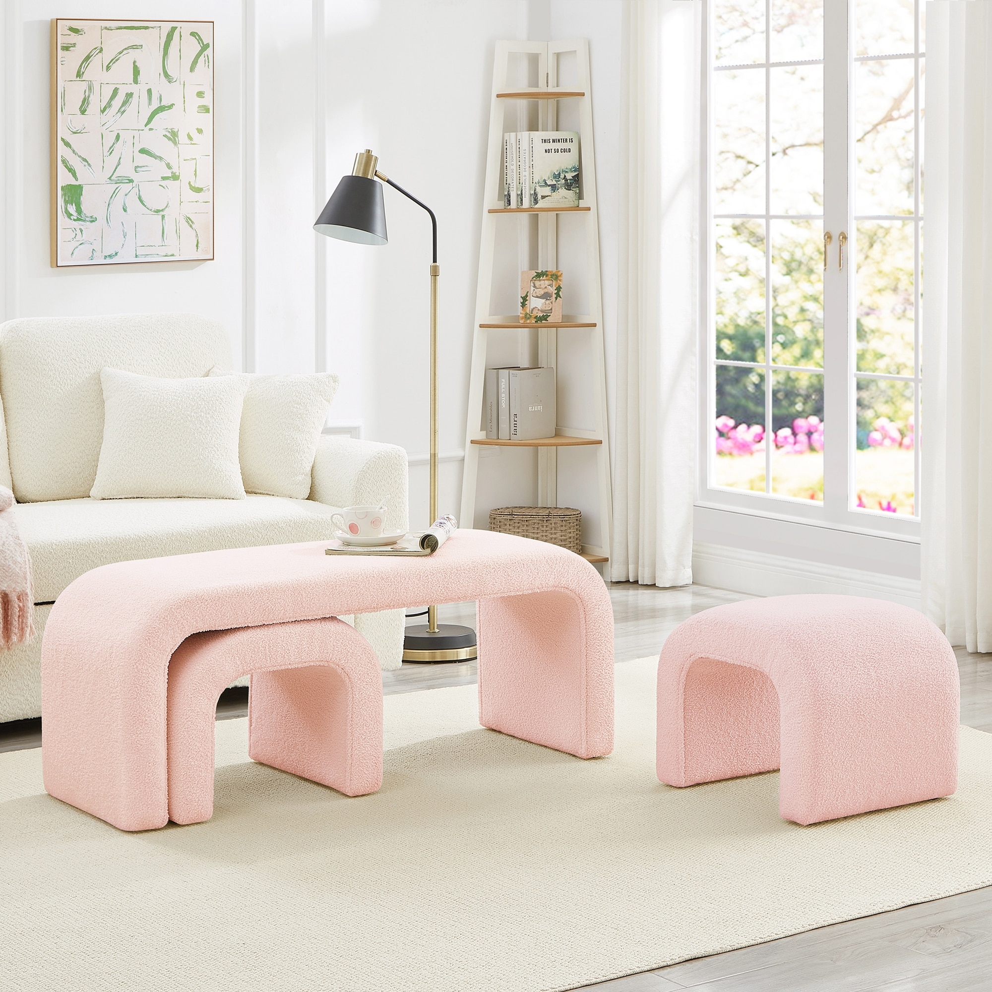 Set of 3 U-Shaped Modern Teddy Ottoman Bench for Entryway, Bedroom Bed End, Small Sofa Footrest Extra Seating, 44+18 Inch