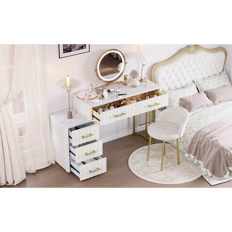 Velvet Upholstered Vanity Desk with Chair, with Left/Right Adjustable Storage - Beige
