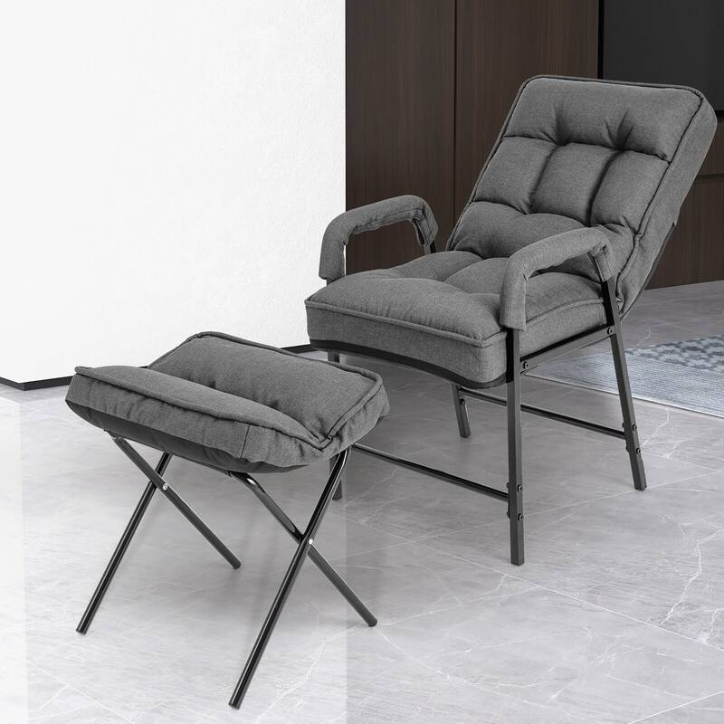 Gymax Modern Accent Chair with Ottoman Linen Fabric Arm Chair with