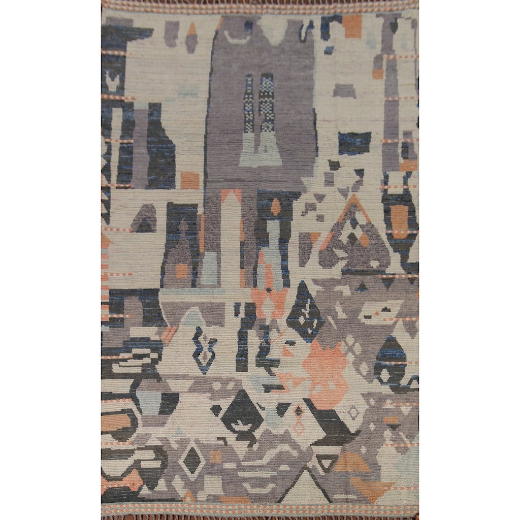 Beige Moroccan Abstract Area Rug Hand-Knotted Wool Carpet - 8'0"x 12'4"