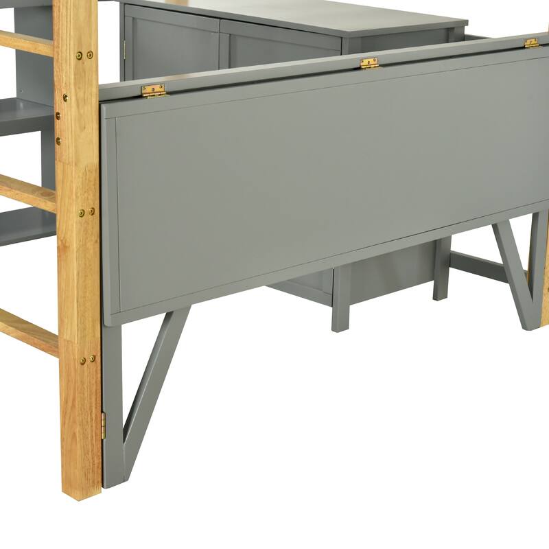 Twin Size Solid Wood Loft Bed with Built-in Storage and Foldable Desk